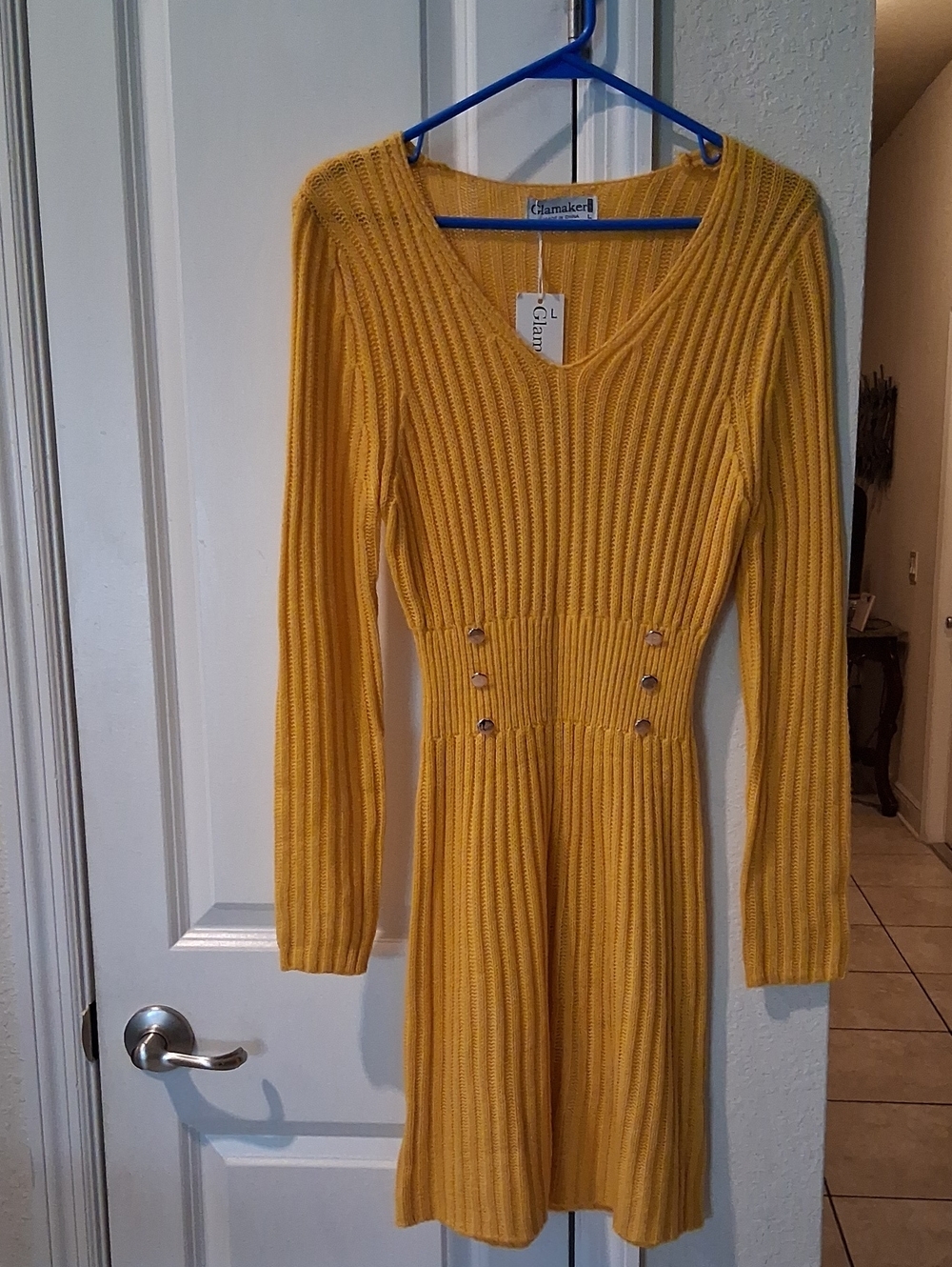 Mustard Ribbed Knit V-Neck Long Sleeve Dress